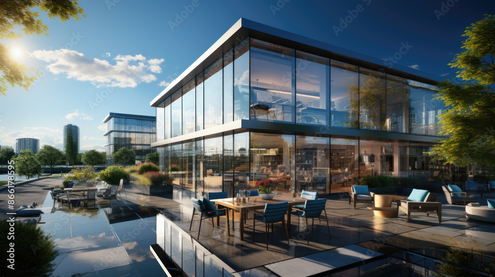 a modern office building exterior with large glass windows reflecting the blue sky and surrounding cityscape. Created with generative AI a modern office building exterior with large glass windows reflecting the blue sky and surrounding cityscape. Created with generative AI