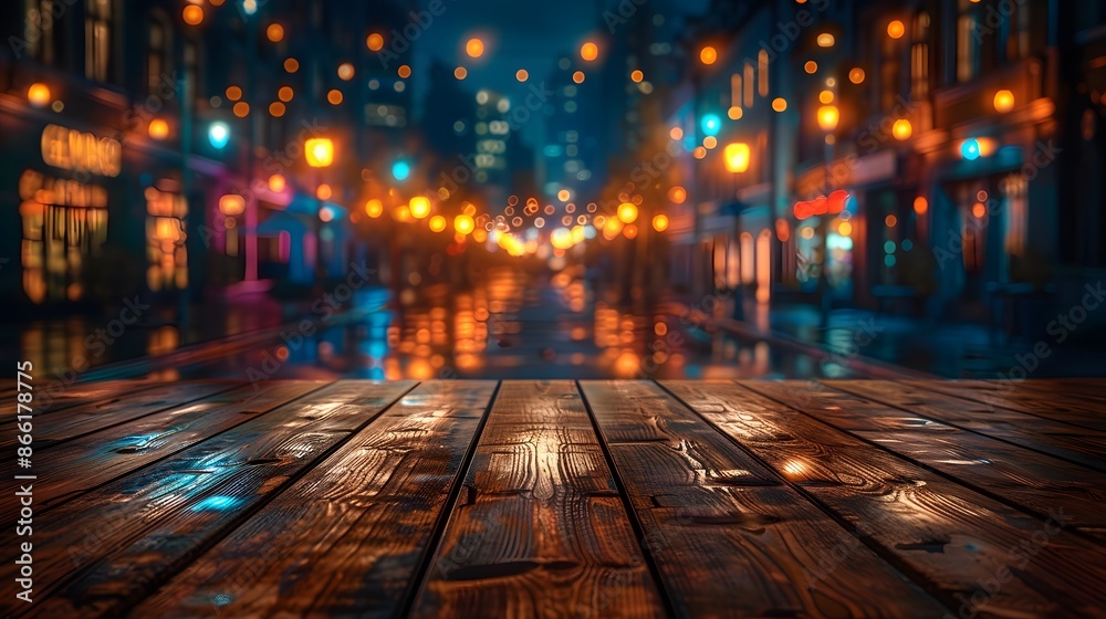 Empty wooden table top with neon light bokeh background, night view, blurred bokeh lights background