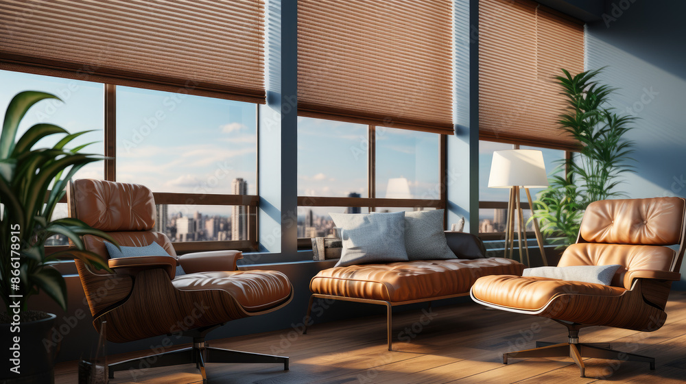 Naklejka premium blinds in an office lounge, where the textured material adds warmth to the space. Created with generative AI
