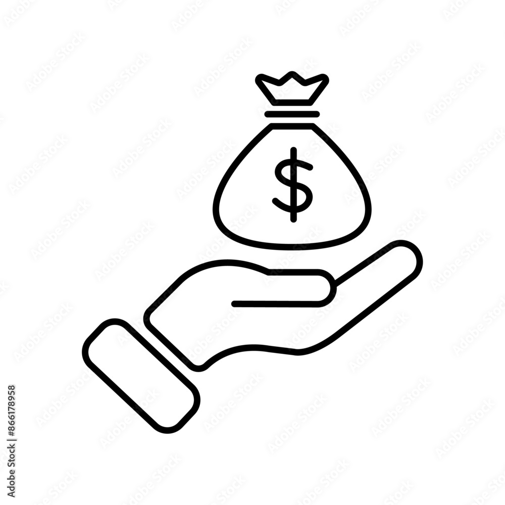Cash payment hand holding Dollar money bag icon. Cash payment hand holding Dollar money bag icon.