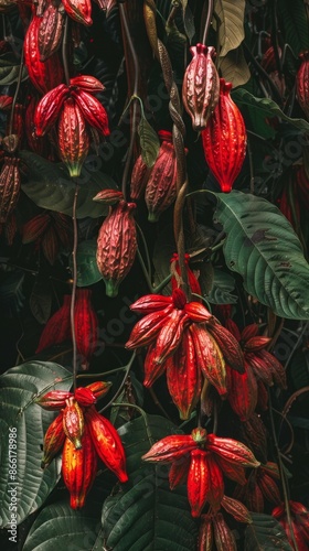 Ripe Cocoa Pods Hanging in Lush Plantation photo