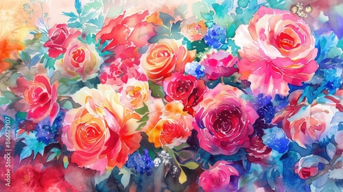 Decorative watercolor floral bouquets, lush blooms, vibrant colors, elegant design