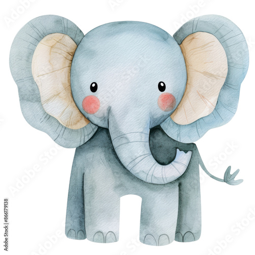Adorable watercolor illustration of an elephant clipart for kids, featuring soft neutral colors, isolate on Transparent background
