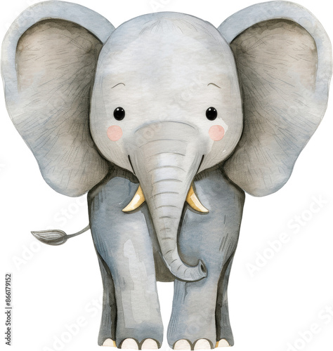 Adorable watercolor illustration of an elephant clipart for kids, featuring soft neutral colors, isolate on Transparent background