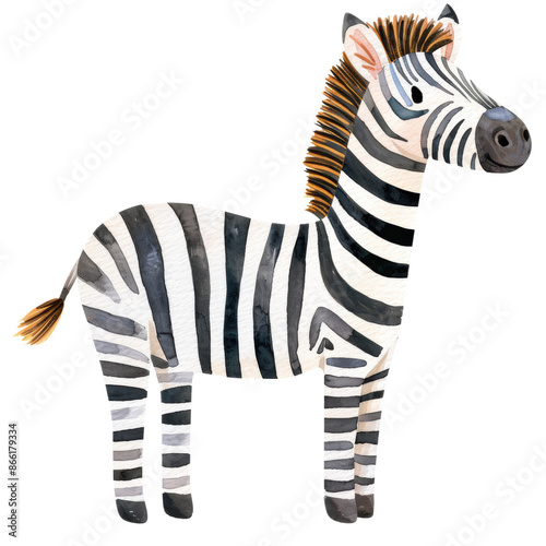 Adorable watercolor illustration of a Zebra clipart for kids, featuring soft neutral colors, isolate on Transparent background