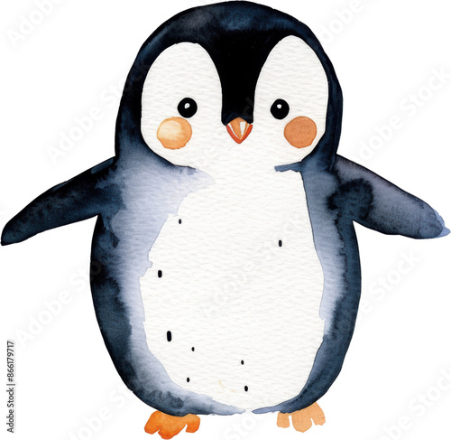 Adorable watercolor illustration of a penguin clipart for kids, featuring soft neutral colors, isolate on Transparent background