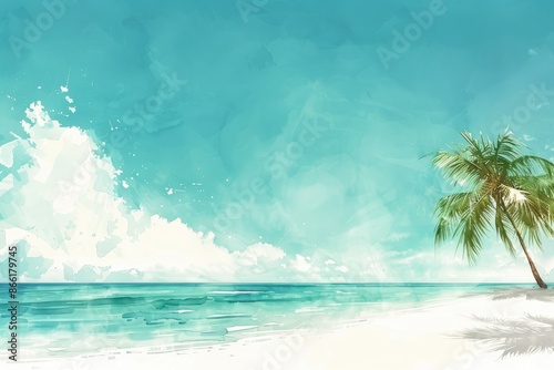 Serene tropical beach watercolor painting with palm tree, clear blue sky, and calm ocean waves. Perfect for summer, vacation, and relaxation themes.