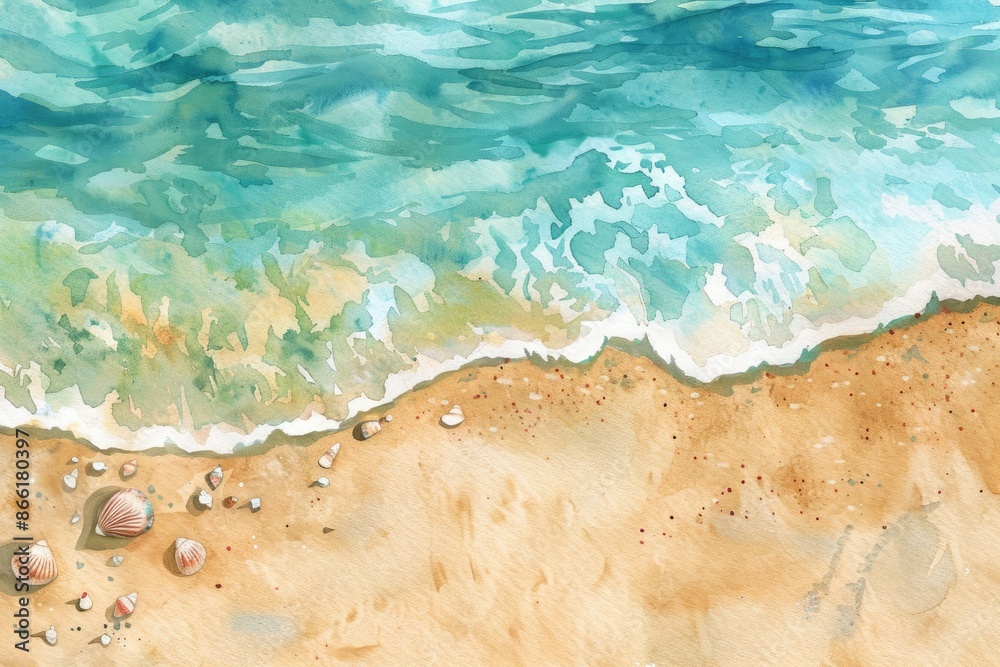 Watercolor painting of a serene beach scene with gentle waves, seashells, and sandy shore. Tranquil coastal art in soft pastel colors. Watercolor painting of a serene beach scene with gentle waves, seashells, and sandy shore. Tranquil coastal art in soft pastel colors.