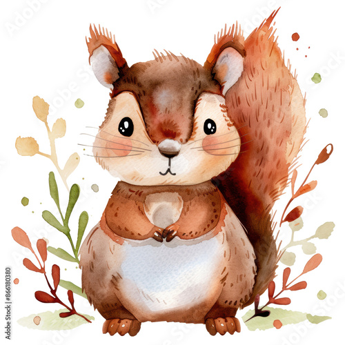 Adorable watercolor illustration of a squirrel clipart for kids, featuring soft neutral colors, isolate on Transparent background