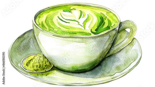 Watercolor matcha latte, vibrant green, cup with foam art, isolated on white background
