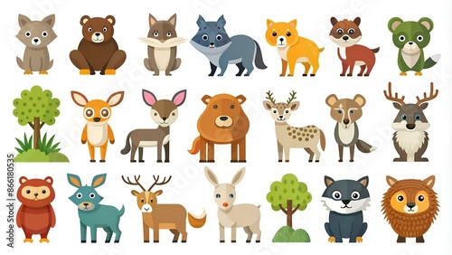 Forest animals color flat icons set