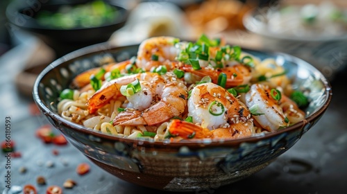 A bowl of shrimp and vegetables with a garnish of sesame seeds