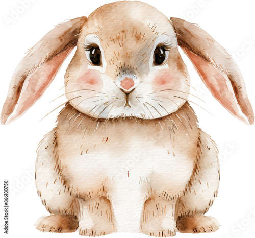 Adorable watercolor illustration of a rabbit clipart for kids, featuring soft neutral colors, isolate on Transparent background