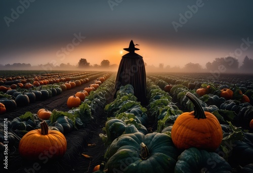 ethereal dawn mist over spooky pumpkin field, fog, eerie, patch, farm, autumn, creepy, mysterious, atmospheric, orange, harvest, rural, agriculture, nature, photo