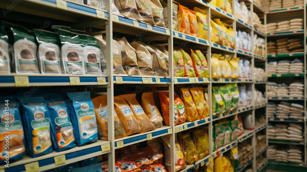 Packs of animal food on pet shop shelves. Packs of animal food on pet shop shelves.