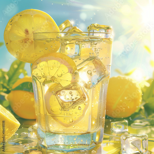 A detailed image of a glass of iced lemonade with clear ice cubes floating in it, condensation on the glass, and a slice of lemon on the rim, set against a bright, sunny outdoor backdrop
