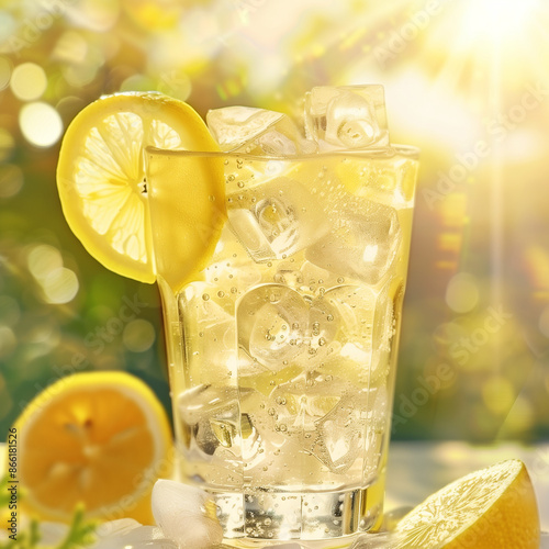 A detailed image of a glass of iced lemonade with clear ice cubes floating in it, condensation on the glass, and a slice of lemon on the rim, set against a bright, sunny outdoor backdrop