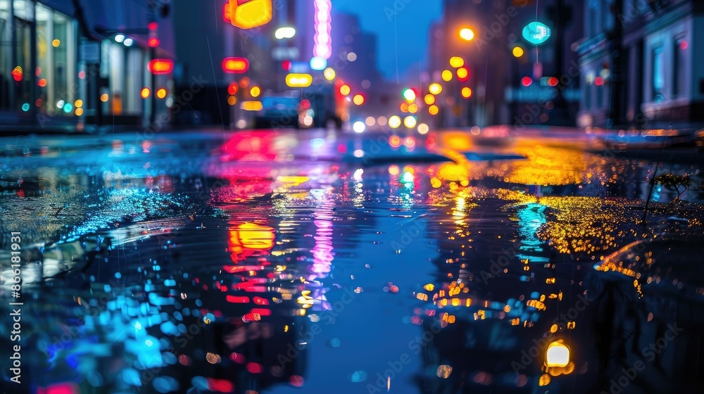 Luminescent neon lights reflecting in rain-soaked city streets at dusk Luminescent neon lights reflecting in rain-soaked city streets at dusk