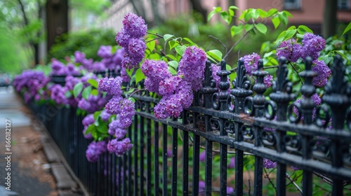 A black fence with purple flowers growing on it © pector