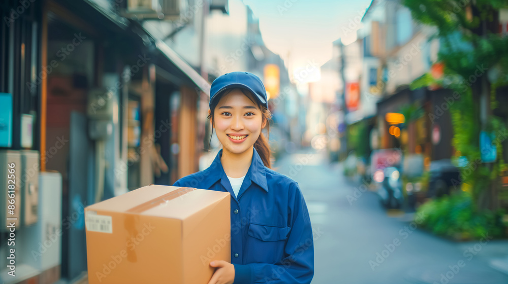 A young female delivery worker holding a cardboard box in a serene Japanese street A young female delivery worker holding a cardboard box in a serene Japanese street