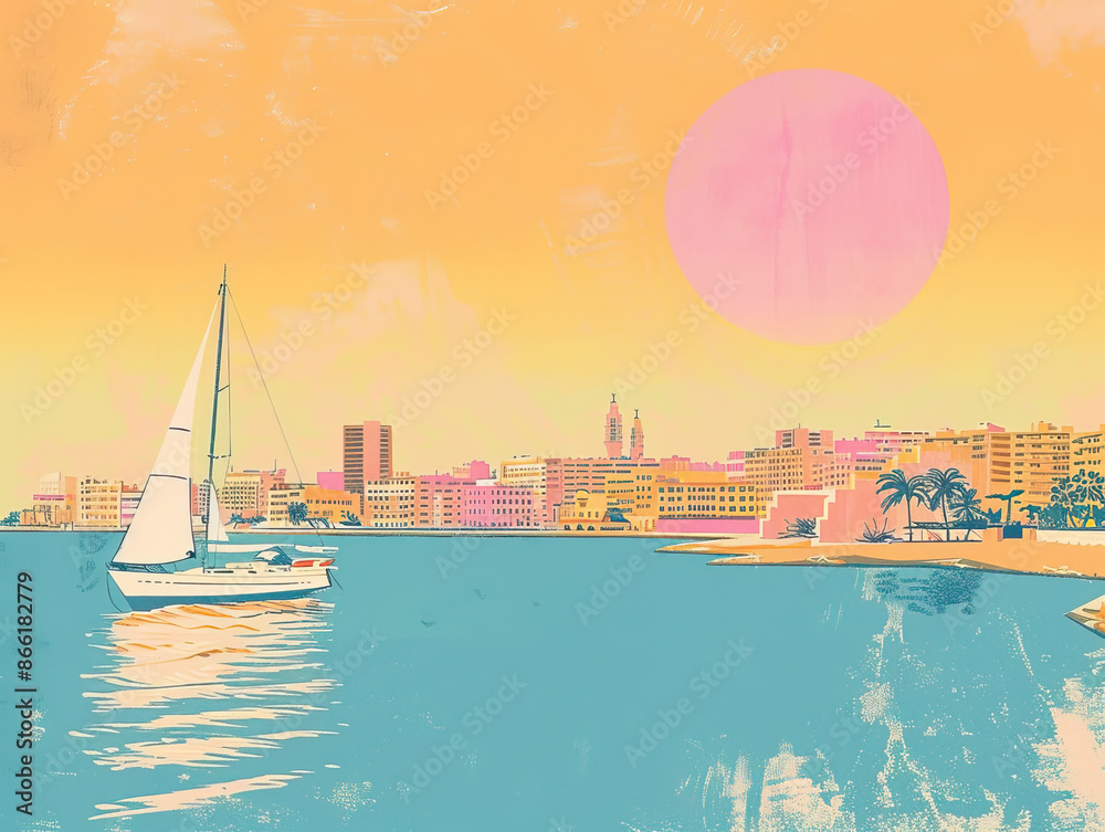 Obraz premium Risograph riso print travel poster, card, wallpaper or banner illustration, modern, isolated, clear and simple of Alexandria, Egypt. Artistic, screen printing, stencil backdrop background