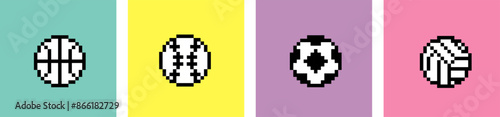 Play balls pixel art style set. Soccer, baseball, basketball, volleyball. Ball icon collection. Mood of 90's aesthetics. 8-bit retro style pixelated vector illustration. Simple geometric form