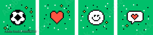 Love football concept. Soccer. Pixels Y2k trendy playful stickers. Pixelated abstract icons. Pixel art 8 bit design. Black and white colors. Mood of 90's aesthetics. Simple form. Green background