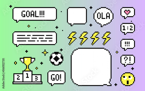 Soccer icons speech bubbles. Pixel art elements set. Football text messages. Y2k trendy playful pixels stickers. Mood of 90's aesthetics. 8-bit retro style vector illustration. Simple geometric form