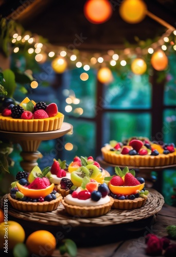 colorful fruit tarts displayed enchanting fairy tale cottage setting, delicious, dessert, pastry, bakery, sweet, treats, whimsical, magical, charming, quaint, © Yaraslava