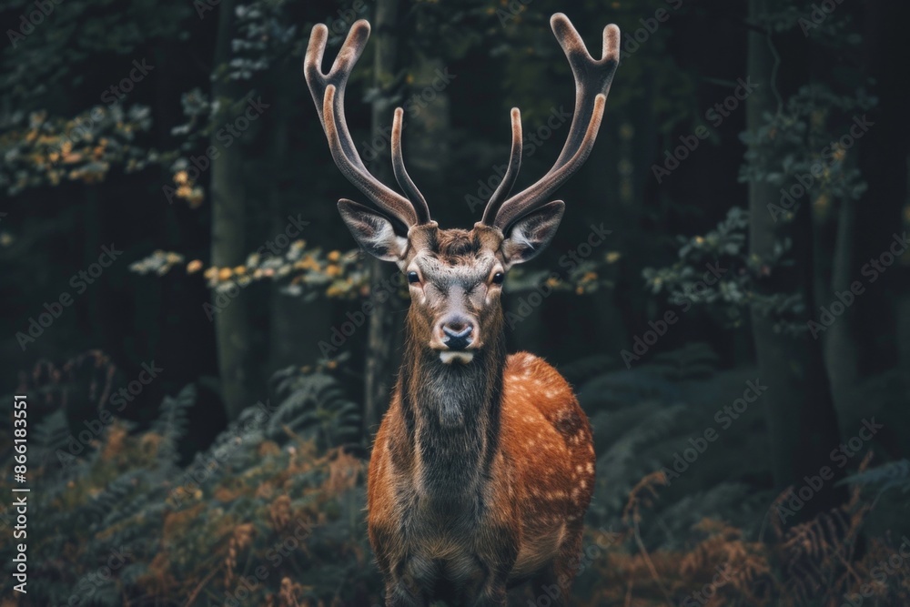 A wild deer standing in a forest clearing, with a softly blurred background of dense trees and foliage A wild deer standing in a forest clearing, with a softly blurred background of dense trees and foliage