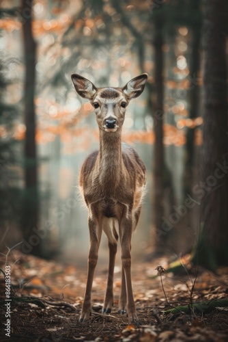 A wild deer standing in a forest clearing, with a softly blurred background of dense trees and foliage 