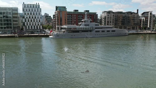 Dublin, Ireland - June 27, 2024.Aerial view  over the River Liffey in Dublin, showcasing docked ships, modern buildings, and the vibrant cityscape. Ideal for urban, travel, and river-themed projects.
