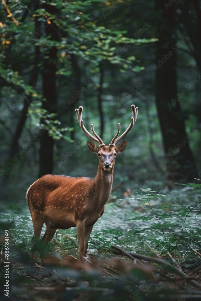A wild deer standing in a forest clearing, with a softly blurred background of dense trees and foliage A wild deer standing in a forest clearing, with a softly blurred background of dense trees and foliage
