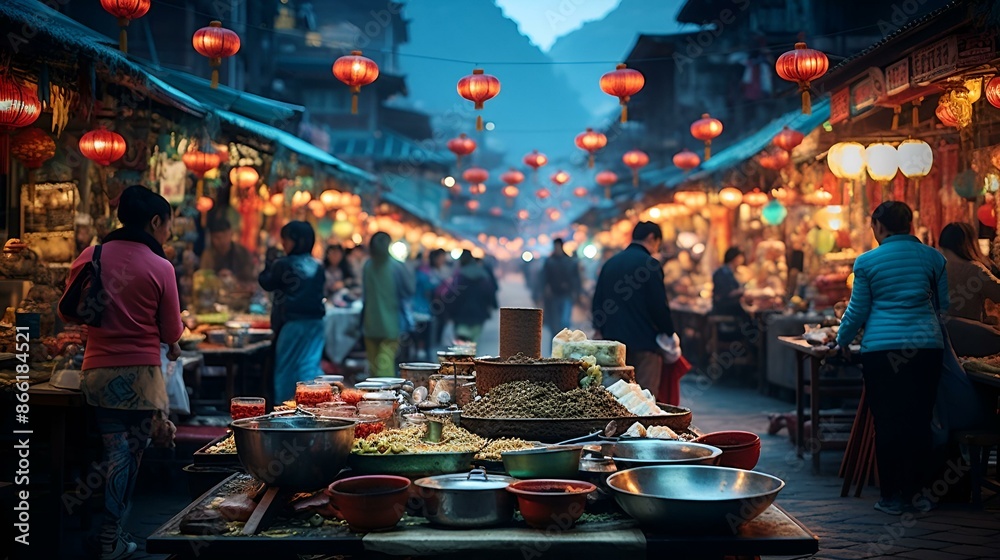 A bustling street market filled with people and a variety of delicious food options.
A bustling street market filled with people and a variety of delicious food options.