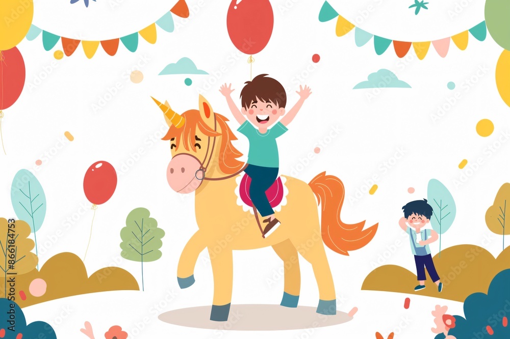 Happy boy riding a pony at a birthday party with balloons and decorations, celebrating with friends and family in a festive outdoor setting Happy boy riding a pony at a birthday party with balloons and decorations, celebrating with friends and family in a festive outdoor setting