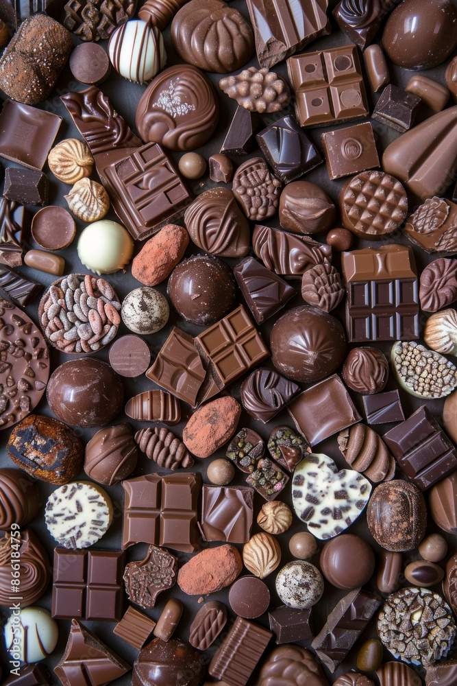 An abundant assortment of chocolates in different shapes and sizes, tightly arranged to fill the entire frame. The chocolates feature a variety of textures and colors An abundant assortment of chocolates in different shapes and sizes, tightly arranged to fill the entire frame. The chocolates feature a variety of textures and colors