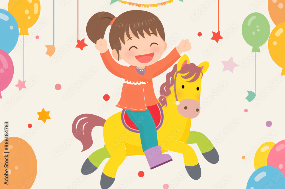 Cheerful young girl is having a blast riding a pony at a lively birthday celebration Cheerful young girl is having a blast riding a pony at a lively birthday celebration