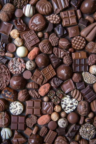 An abundant assortment of chocolates in different shapes and sizes, tightly arranged to fill the entire frame. The chocolates feature a variety of textures and colors