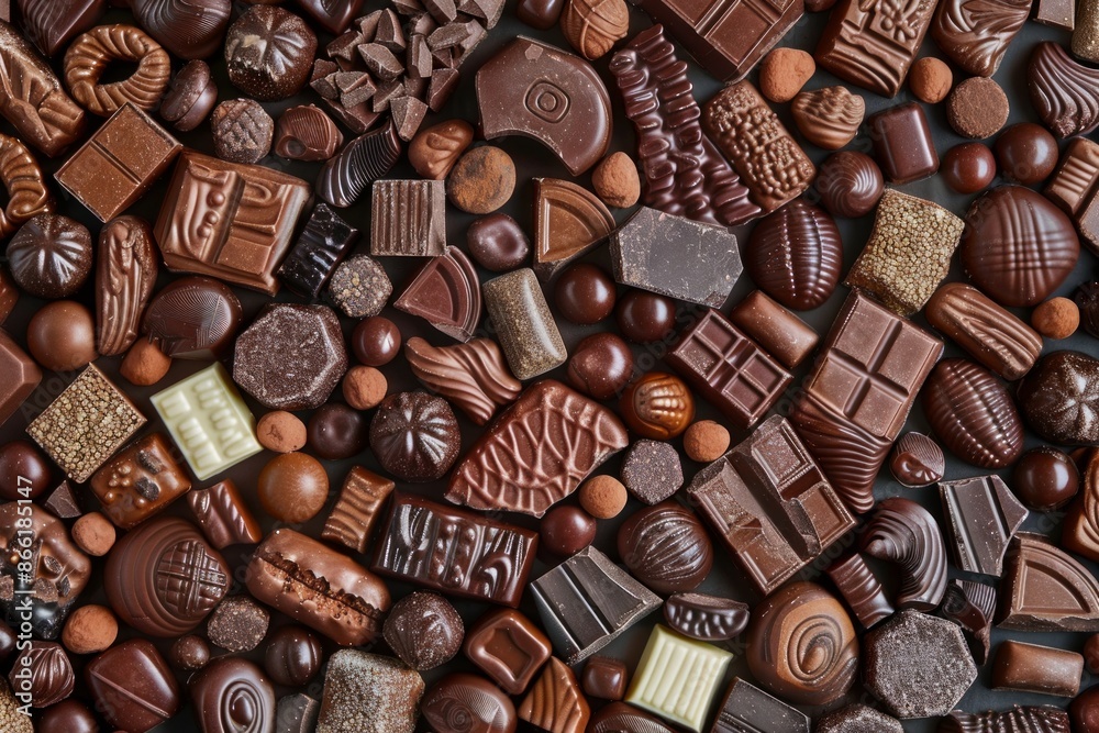 An abundant assortment of chocolates in different shapes and sizes, tightly arranged to fill the entire frame. The chocolates feature a variety of textures and colors An abundant assortment of chocolates in different shapes and sizes, tightly arranged to fill the entire frame. The chocolates feature a variety of textures and colors