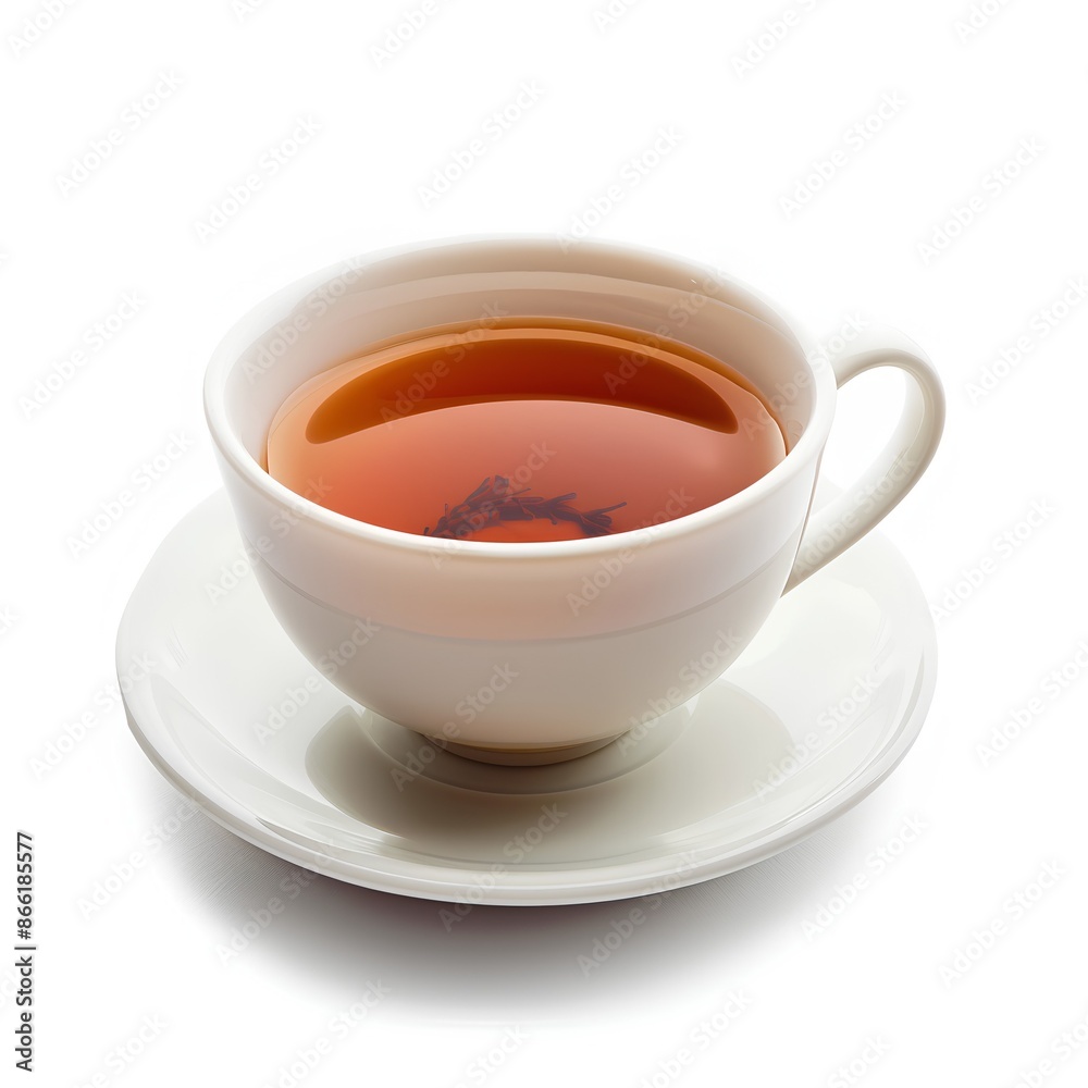 Realistic photograph of a complete tea cup with a black china teacup filled with hot red rooibos tea, on a solid stark white background with focused lighting. Realistic photograph of a complete tea cup with a black china teacup filled with hot red rooibos tea, on a solid stark white background with focused lighting.