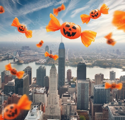 halloween with candy flying over the city