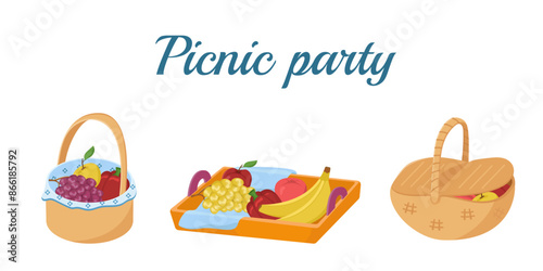 Vector illustration of trays with food for a Picnic. Colored barbecue card. Set of items for a family weekend in the forest or park.