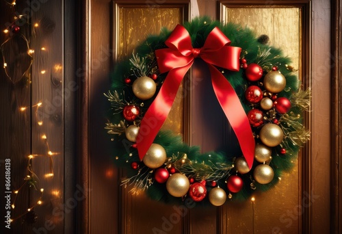 elegant christmas wreath red ribbon festive decor, decoration, ornament, traditional, door, handmade, holiday, beautiful, seasonal, holly, pine, berries © Yaraslava