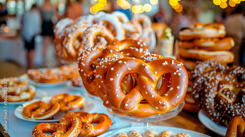 A delicious pretzel in a bakery window surrounded by other baked goods. Hyper-realistic photo, high quality.