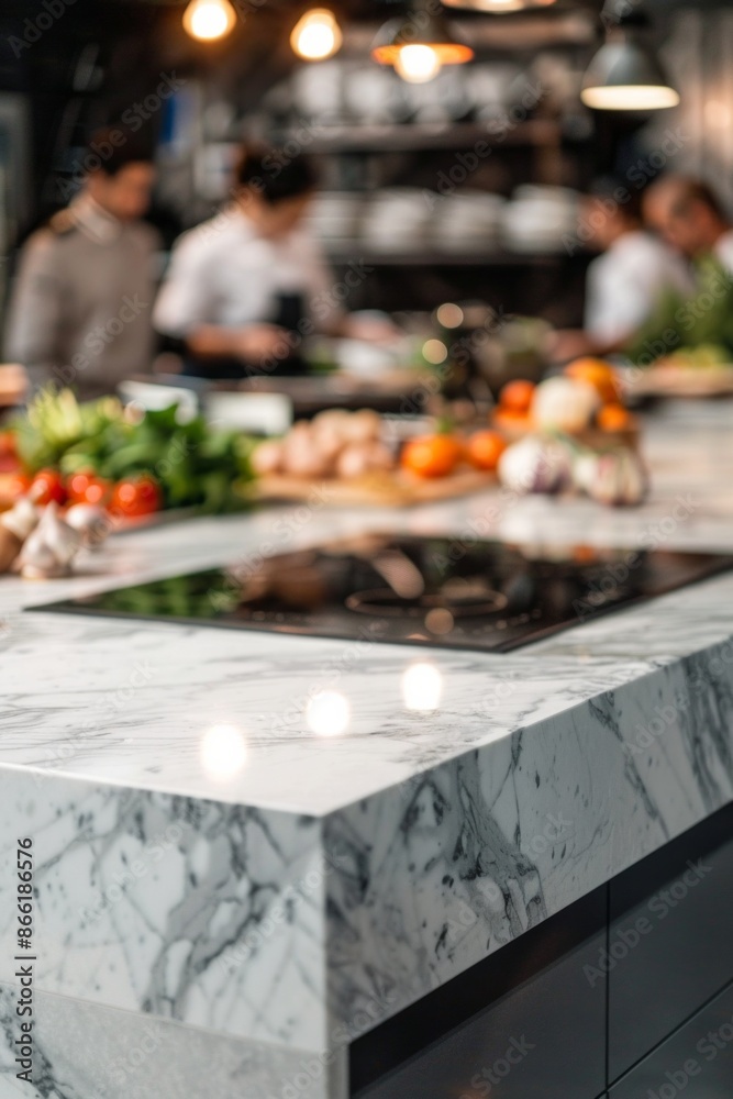 An elegant, marble kitchen island in the foreground with a blurred background of a high-end cooking class. The background features participants learning from a celebrity chef An elegant, marble kitchen island in the foreground with a blurred background of a high-end cooking class. The background features participants learning from a celebrity chef