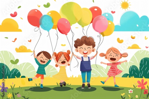 Four cheerful children laughing and playing together while holding colorful balloons in a sunny green field
