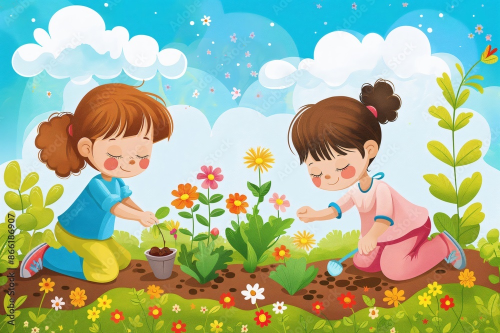 Two happy little girls gardening, planting flowers together in a sunny garden, having fun on a beautiful spring day Two happy little girls gardening, planting flowers together in a sunny garden, having fun on a beautiful spring day