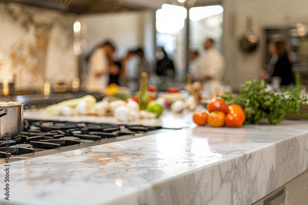 An elegant, marble kitchen island in the foreground with a blurred background of a high-end cooking class. The background features participants learning from a celebrity chef An elegant, marble kitchen island in the foreground with a blurred background of a high-end cooking class. The background features participants learning from a celebrity chef