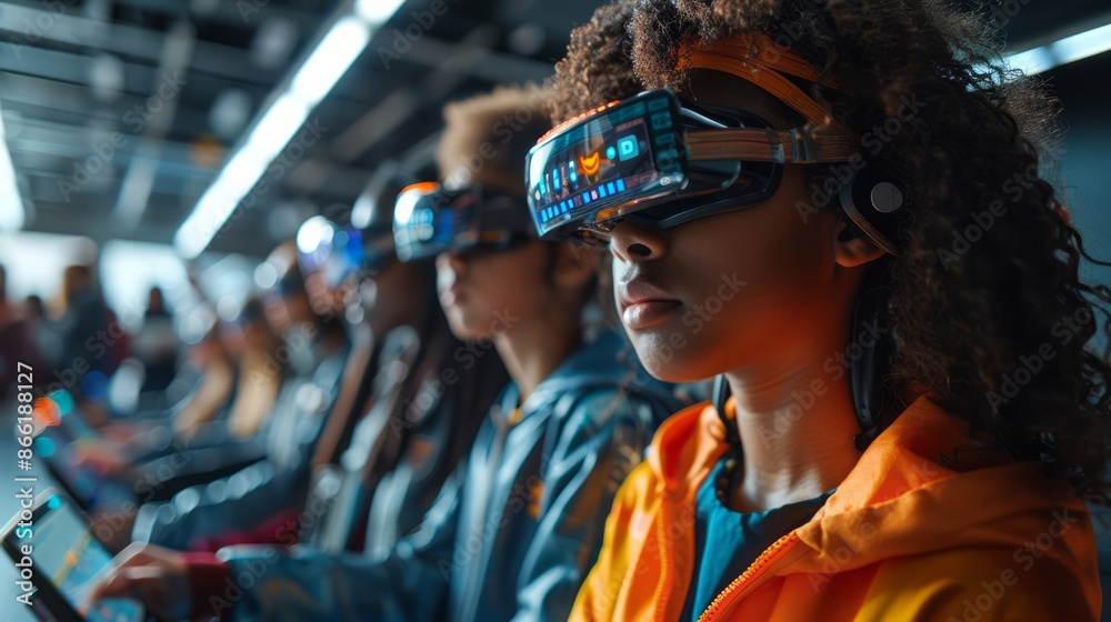 a diverse group of students using augmented reality devices in a futuristic classroom, exploring interactive learning materials, with a sleek and modern design, offering ample copy space for text a diverse group of students using augmented reality devices in a futuristic classroom, exploring interactive learning materials, with a sleek and modern design, offering ample copy space for text