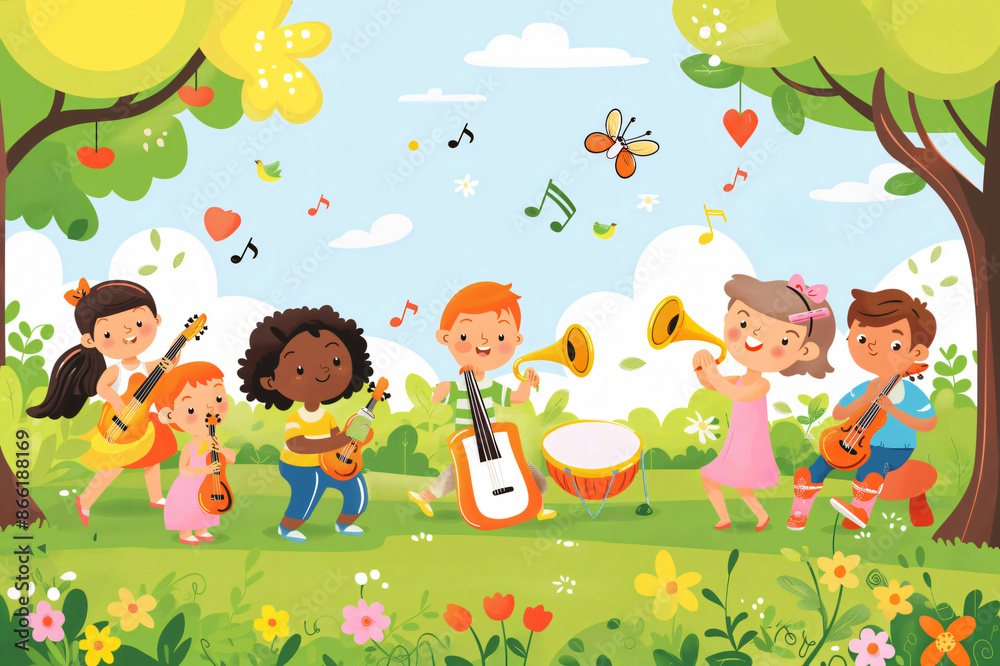 Fototapeta premium Group of children are happily playing music together in a sunny park, surrounded by flowers and trees